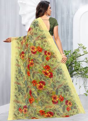 Yellow printed georgette saree with blouse 3