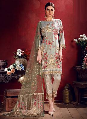 Grey Georgette Embroidered Unstitched Salwar Kameez With Dupatta 1
