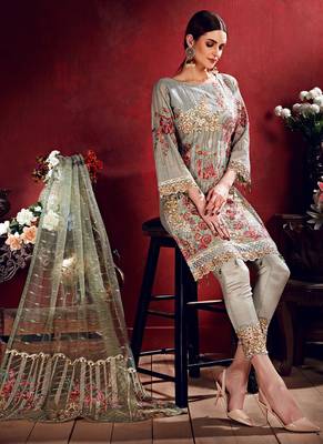 Grey Georgette Embroidered Unstitched Salwar Kameez With Dupatta 2