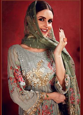 Grey Georgette Embroidered Unstitched Salwar Kameez With Dupatta 4