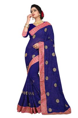 Navy Blue Embroidered Georgette Saree With Blouse 1