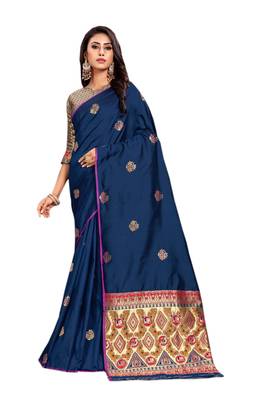 Navy Blue Embroidered Silk Saree With Blouse 1