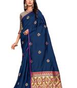 Navy Blue Embroidered Silk Saree With Blouse