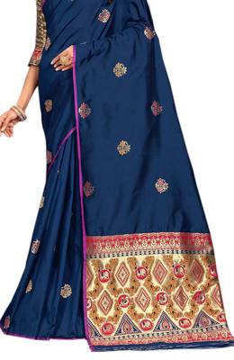 Navy Blue Embroidered Silk Saree With Blouse 2
