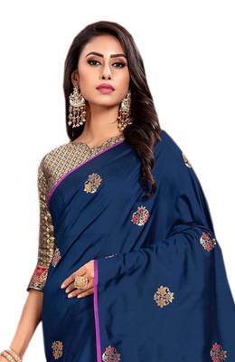 Navy Blue Embroidered Silk Saree With Blouse 3