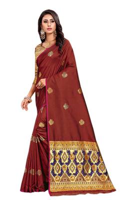 Brown Embroidered Silk Saree With Blouse 1