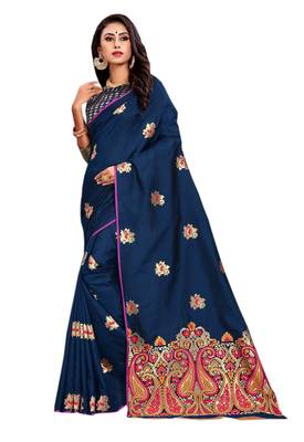 Blue Embroidered Silk Saree With Blouse 1