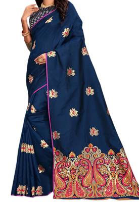 Blue Embroidered Silk Saree With Blouse 2