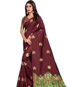 Brown Embroidered Silk Saree With Blouse