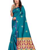 Blue Embroidered Silk Saree With Blouse