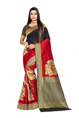 Red Plain Banarasi Saree With Blouse 1