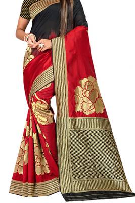 Red Plain Banarasi Saree With Blouse 2