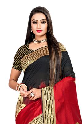Red Plain Banarasi Saree With Blouse 3