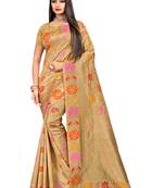 Beige Plain Banarasi Saree With Blouse