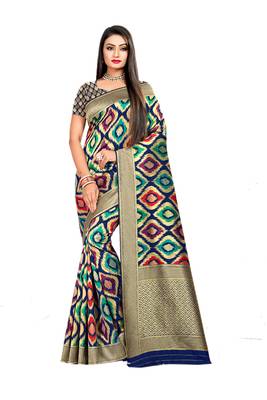 Multicolor Plain Banarasi Saree With Blouse 1