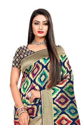 Multicolor Plain Banarasi Saree With Blouse 3