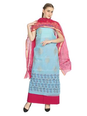 blue printed kota doria unstitched salwar with dupatta 1