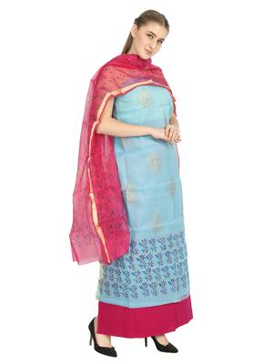 blue printed kota doria unstitched salwar with dupatta 2