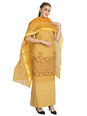 brown printed kota doria unstitched salwar with dupatta 1