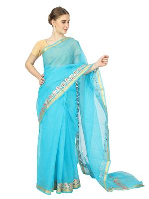 Blue Kota Doria Gotta Patti Saree 1