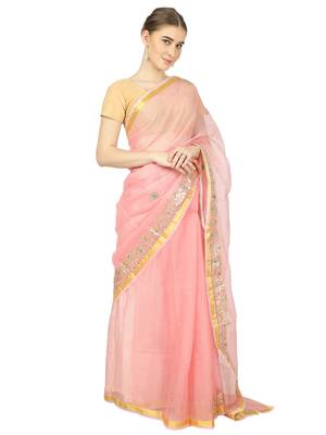 Peach Kota Doria Gotta Patti Saree 4