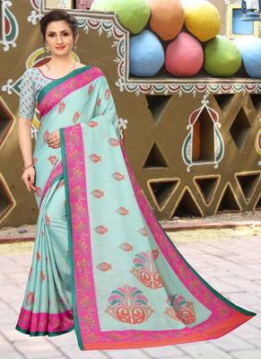 Sky blue printed cotton saree with blouse 1