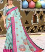 Sky blue printed cotton saree with blouse