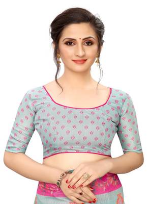 Sky blue printed cotton saree with blouse 2