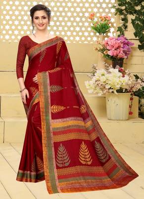 Maroon printed cotton saree with blouse 1