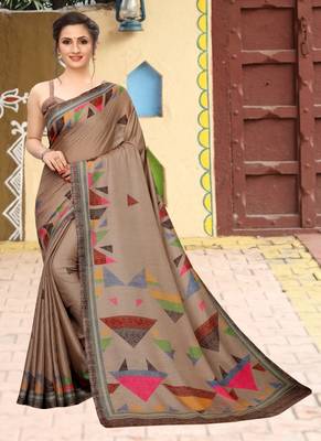 Brown printed cotton saree with blouse 1