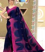 Blue printed cotton saree with blouse