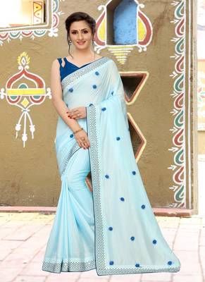 Sky blue plain silk saree with blouse 1