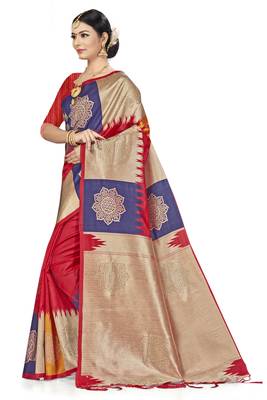 Red Woven Banarasi Silk Saree With Blouse 3