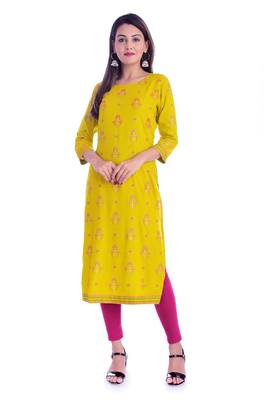 Yellow  printed Rayon kurtas-and-kurtis 1