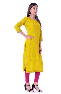 Yellow  printed Rayon kurtas-and-kurtis 2