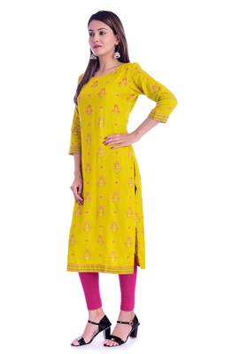 Yellow  printed Rayon kurtas-and-kurtis 3