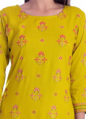 Yellow  printed Rayon kurtas-and-kurtis 4