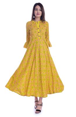 Yellow  printed Rayon kurtas-and-kurtis 1