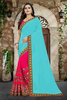 Sky Blue Embroidered Georgette Saree With Blouse