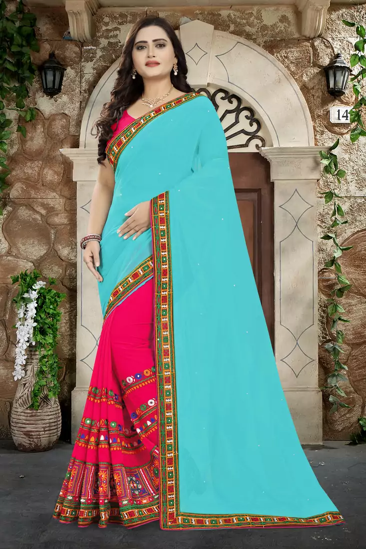 Sky Blue Embroidered Georgette Saree With Blouse
