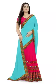 Sky Blue Embroidered Georgette Saree With Blouse
