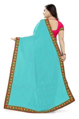 Sky Blue Embroidered Georgette Saree With Blouse 4