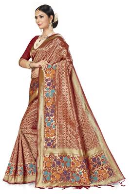 Red Woven Banarasi Silk Saree With Blouse 3