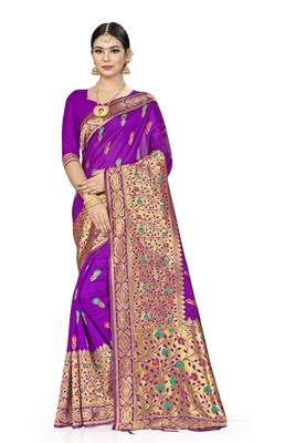 Purple Woven Banarasi Silk Saree With Blouse 1