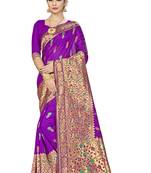 Purple Woven Banarasi Silk Saree With Blouse