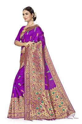 Purple Woven Banarasi Silk Saree With Blouse 3