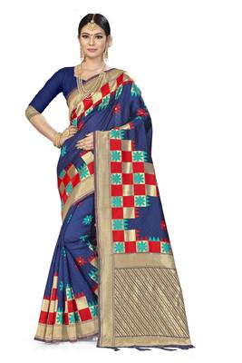Navy Blue Woven  Art Silk Saree With Blouse 1