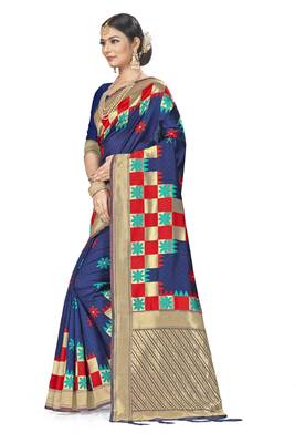 Navy Blue Woven  Art Silk Saree With Blouse 3