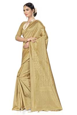 Beige Woven silk blend Saree With Blouse 3