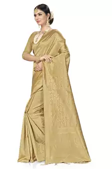 Beige Woven silk blend Saree With Blouse